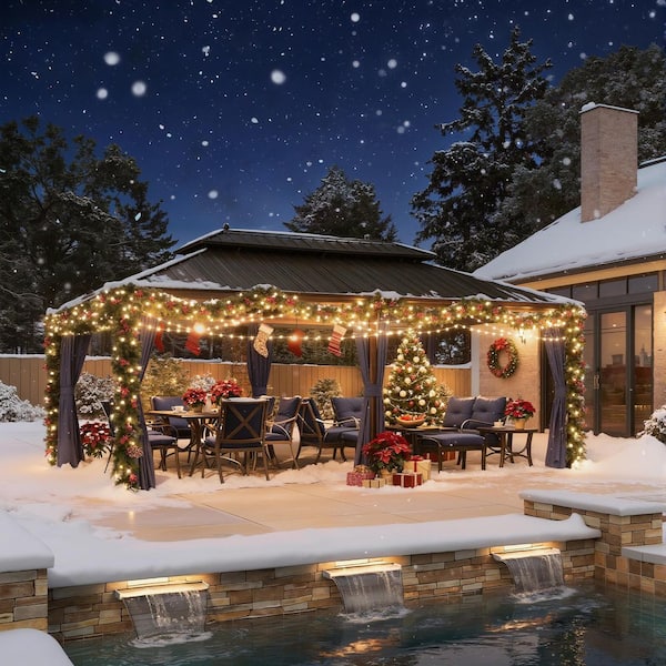 12 ft.x 20 ft.Bronze Aluminum Power-Coated Frame Galvanized Steel Double Roof Hardtop Gazebo,Hooks, Netting,Blue Curtain