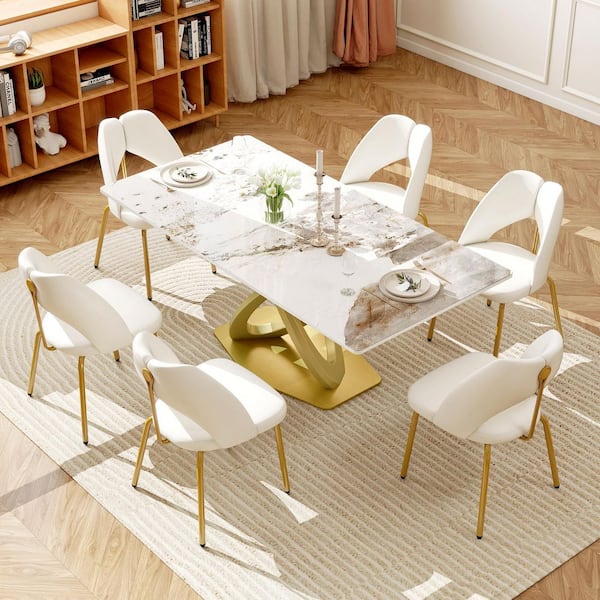 White PU Leather Dining Chairs with Gold Stainless Steel Legs (Set of 6)