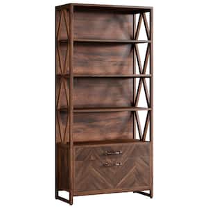 Eulas 71 in. Tall Brown Wooden 5-Shelf Standard Bookcases with 2 Drawers