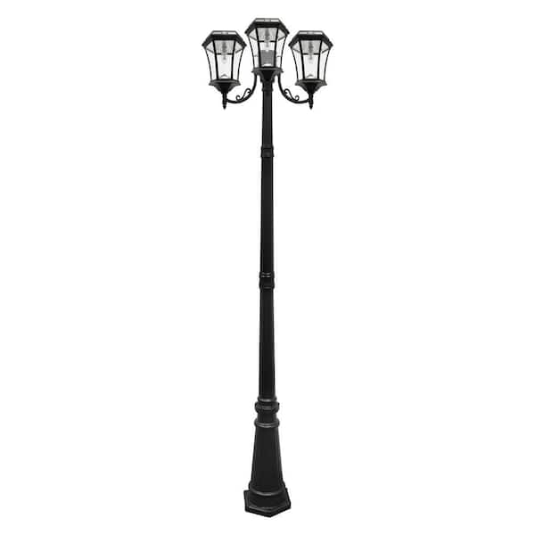 GAMA SONIC Victorian Bulb Series 3-Head Black Integrated LED Solar Outdoor Post Light and Lamp Post with warm white LED Light Bulb