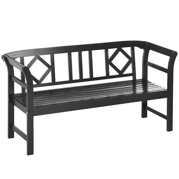 ECOCHIC SPACES INC Elegant 61.5 in. Black Wood Patio Bench with Backrest and Armrests, 3 Person Porch Bench with Rustic Country Pattern
