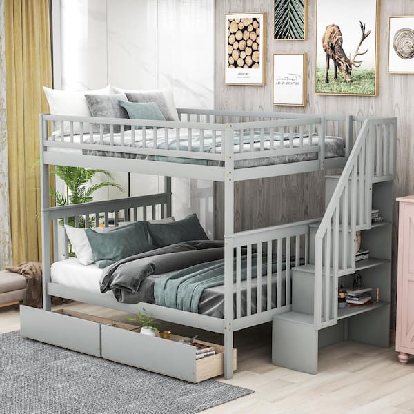 Qualler Gray Full Over Full Bunk Bed With Two Drawers and Storage ...