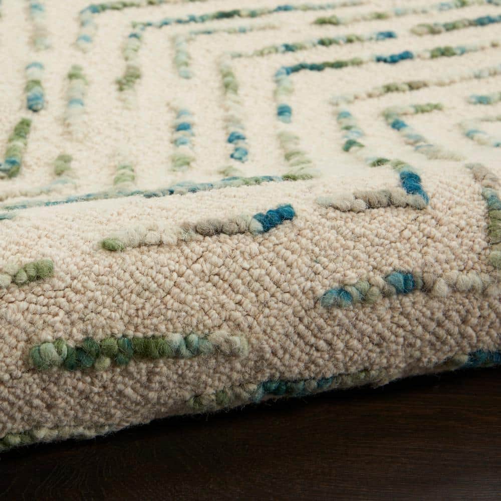Artisanal Chevron Ivory & Green Hand-Tufted Wool Rug 5' x 7'