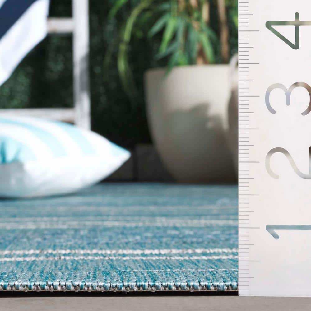 Aqua and Gray Striped Rectangular Indoor/Outdoor Rug