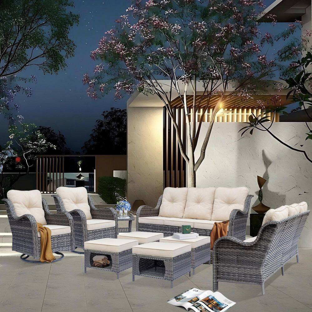 Gray 9-Piece Wicker Outdoor Patio Conversation Seating Sofa Set with Beige Cushions and Swivel Rocking Chairs price history on PriceWatchPro