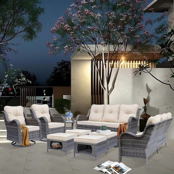 Xingzjojor Gray 9-Piece Wicker Outdoor Patio Conversation Seating Sofa Set with Beige Cushions and Swivel Rocking Chairs