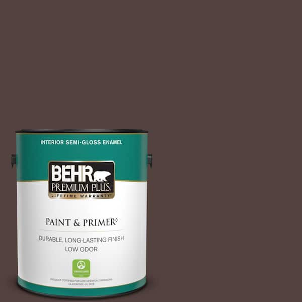 BEHR PREMIUM PLUS 1 gal. #BNC-21 Double Espresso Semi-Gloss Enamel Low Odor Interior Paint & Primer