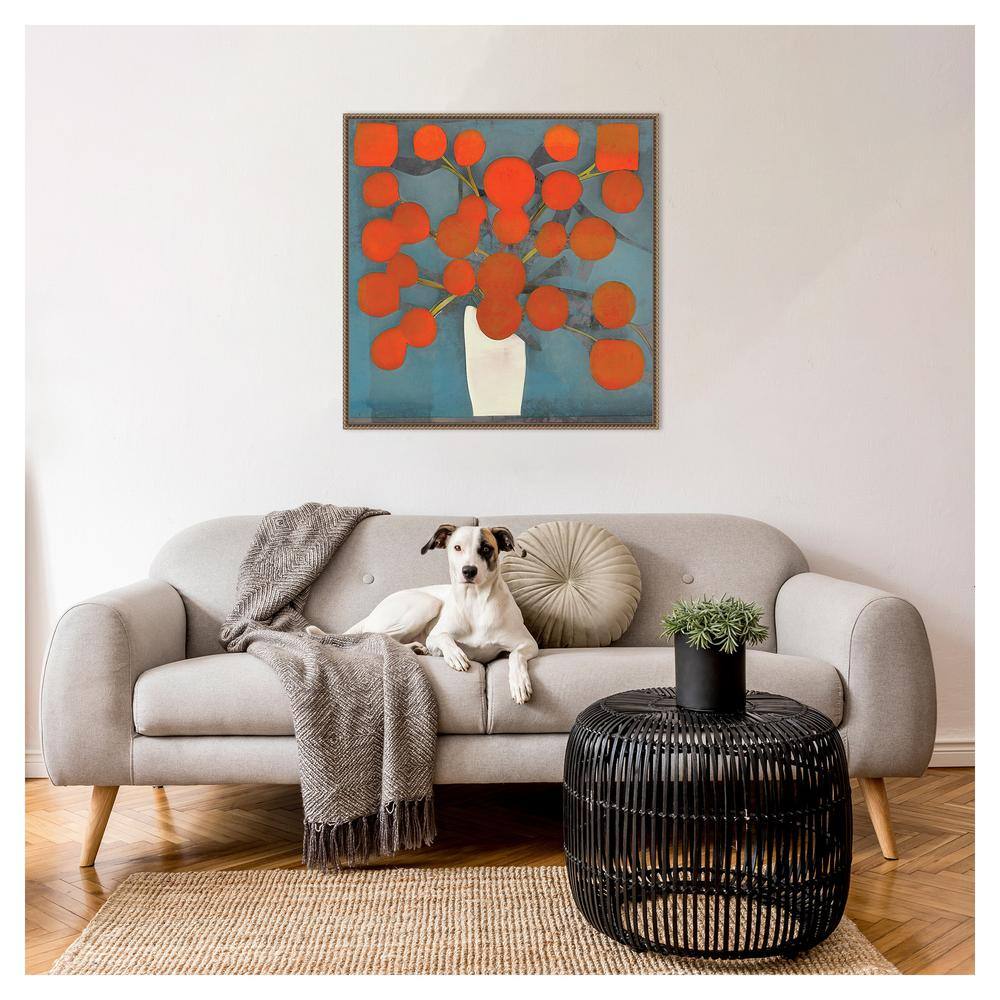 Abstract Orange Flowers on Blue Canvas with Bronze Frame