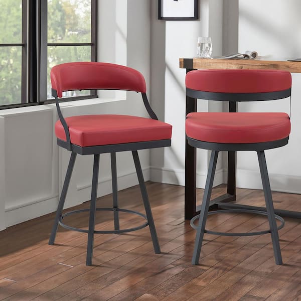 Brassica 26.5 in. Black Finish Metal Swivel Counter Height Chair With Red Faux Leather Seat (Set of 2)