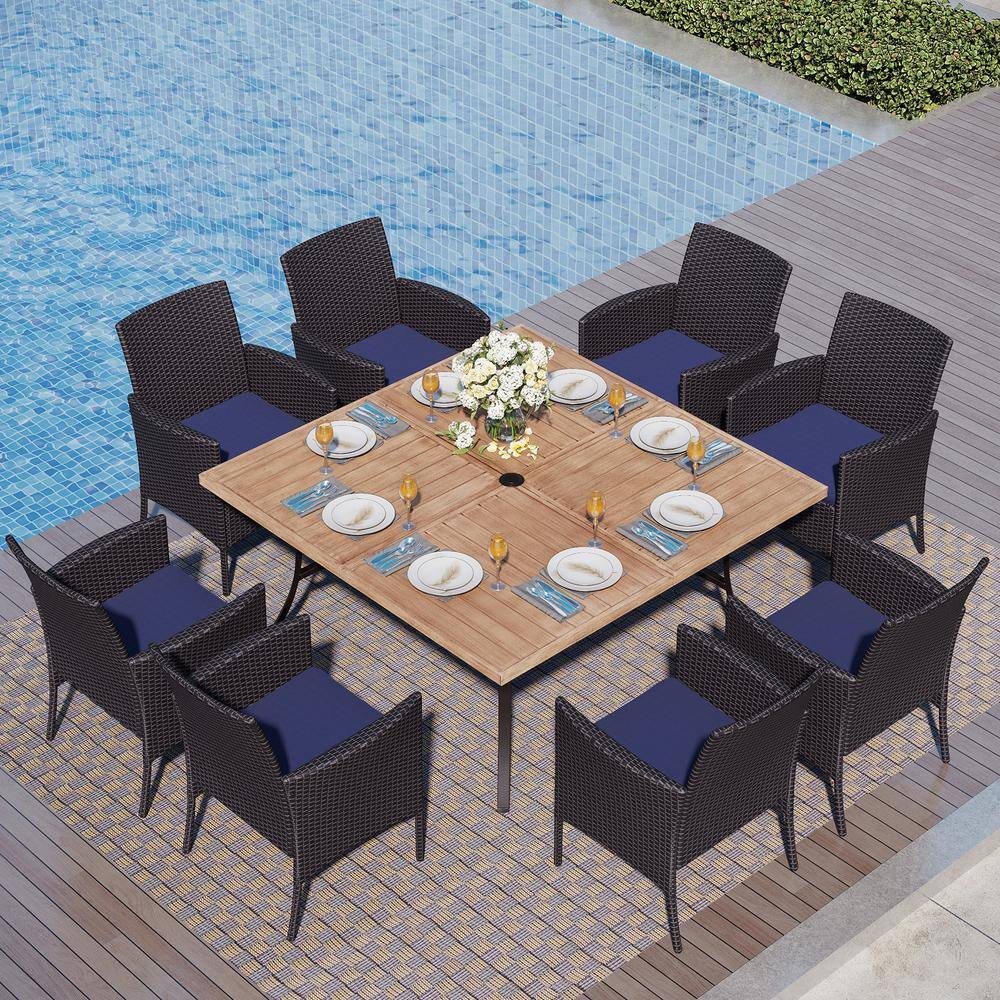 9-Piece Metal Patio Outdoor Dining Set with Extra-Large Brown Slat Square Table and Rattan Chairs with Blue Cushion price history on PriceWatchPro