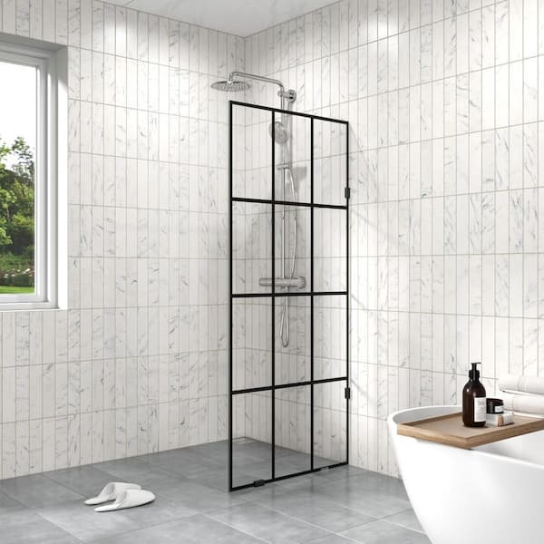 34 in. W x 78 in. H Frameless Fixed Single Panel Shower Screen Door in Black Grid Pattern with 3/8 in.(10mm) Clear Glass