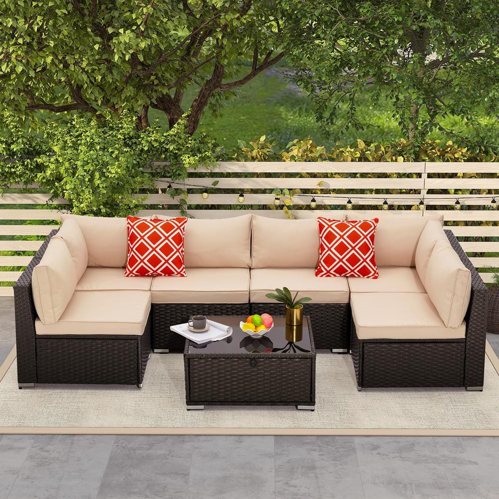 7-Piece PE Rattan Wicker Outdoor Patio Conversation Sectional Seating Set w