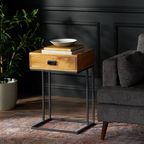 Noble House Cayce 18 in. Natural and Black C-Shaped Wood Side Table