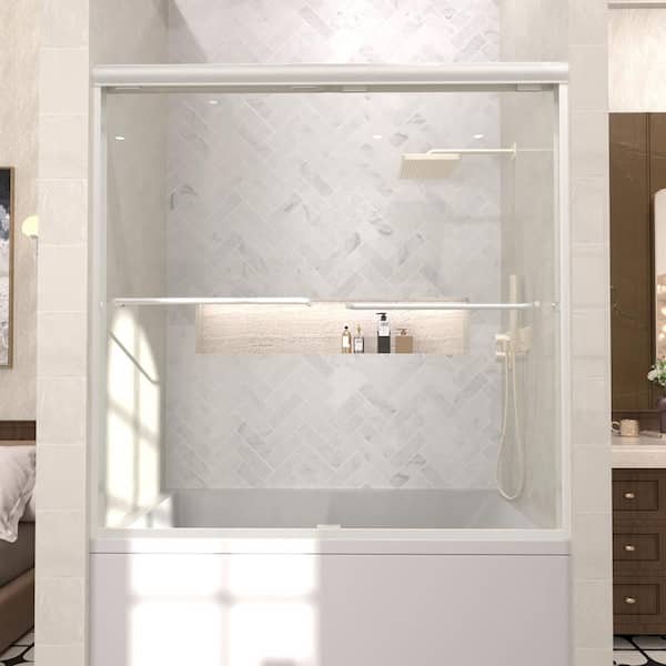 Hermitage Bath Orvix 60 in. W x 56 in. H Sliding Semi Frameless Tub Door in Brushed Nickel Finish with Clear Glass