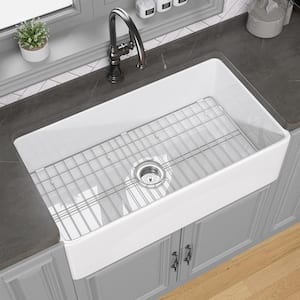White Fireclay 33 " Single Bowl Farmhouse Apron Kitchen Sink with Bottom Grid and Basket Strainer