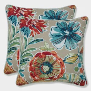 Floral Tan Square Outdoor Square Throw Pillow 2-Pack