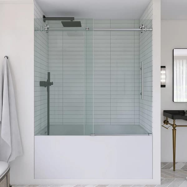 JimsMaison 60 in. W x 60 in. H Sliding Frameless Tub Door in Silver with Tempered Glass