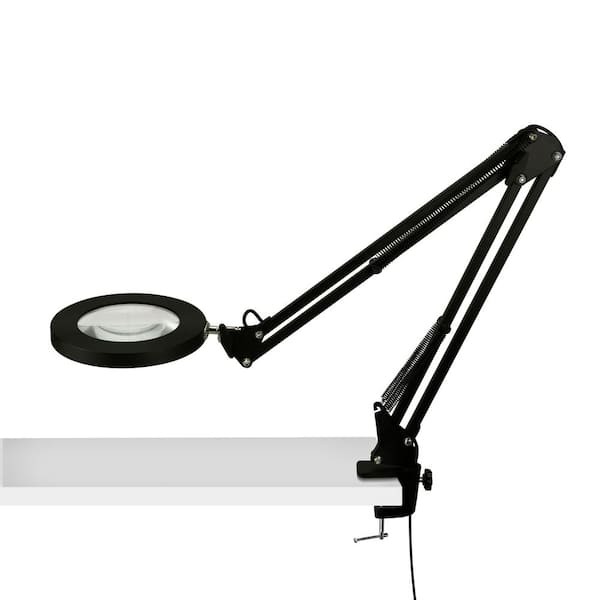 AndMakers 23.5 in. Dahl Magnifier LED Desk Lamp Black Adjustable Arm with Enhanced Glass Magnification Dimmable Ring Lighting
