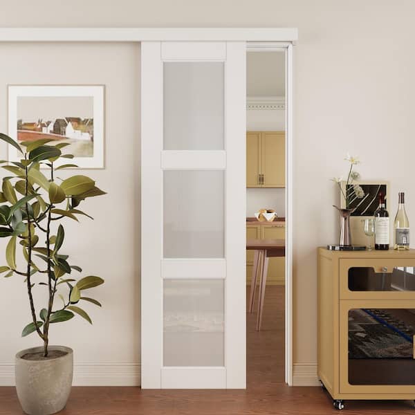 EH PUERTA 24 in. x 80 in. Hidden Track Style 3 Lite Tempered Frosted Glass White Primed MDF Sliding Barn Door with Hardware Kit