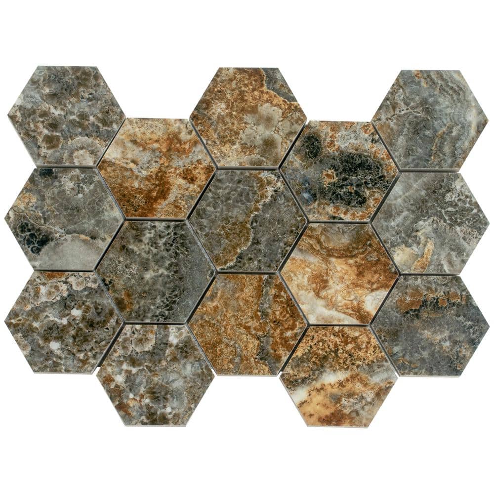 Splendor 8.9'' x 12.8'' Polished Brown Porcelain Hexagon Mosaic Tile
