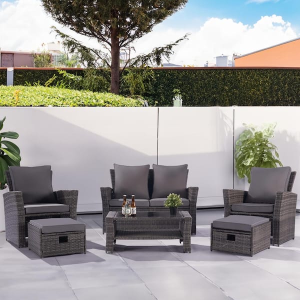 SANSTAR 6-Piece Wicker Patio Conversation Set Rattan Seating Set Loveseat Sofa with 2 Ottomans, Gray Cushion
