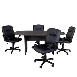 35 in. Rustic Gray Oval Wood Conference Desk Set with Black Task Chairs