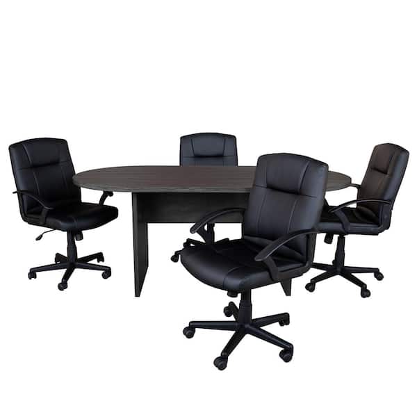 Carnegy Avenue 35 in. Rustic Gray Oval Wood Conference Desk Set with Black Task Chairs
