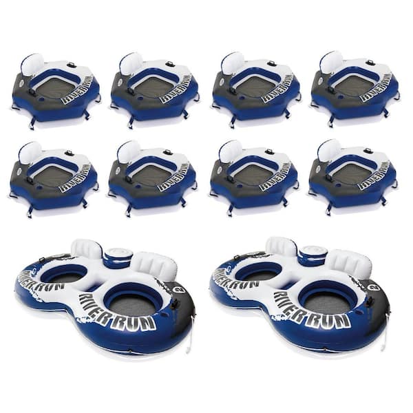 Intex River Run Blue Vinyl Floating Tube (8 Pack) and River Run 2 Person Tube w/Cooler (2 Pack), Total of 10 Pack