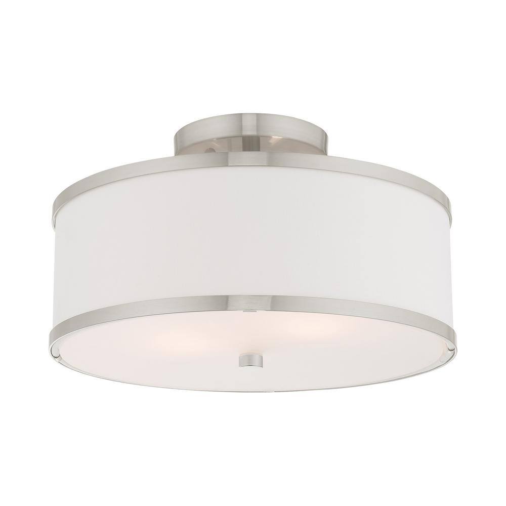 Brushed Nickel 2-Light Semi-Flush Mount with White Drum Shade