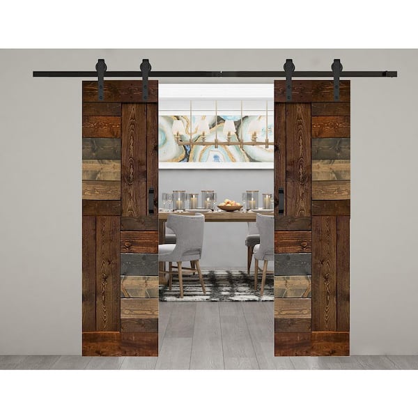 ISLIFE S Series 48 in. x 84 in. Multicolor Finished DIY Solid Wood Double Sliding Barn Door with Hardware Kit