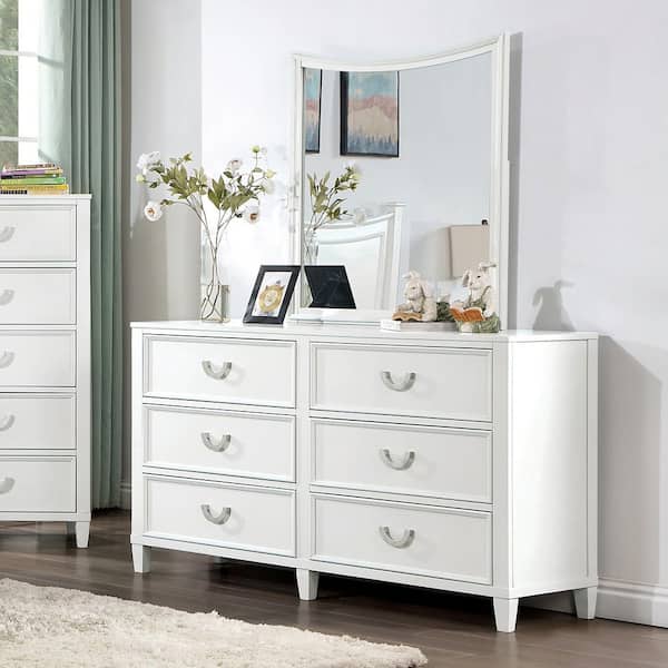Luman White 6-Drawer 48 in. Youth Dresser with Mirror