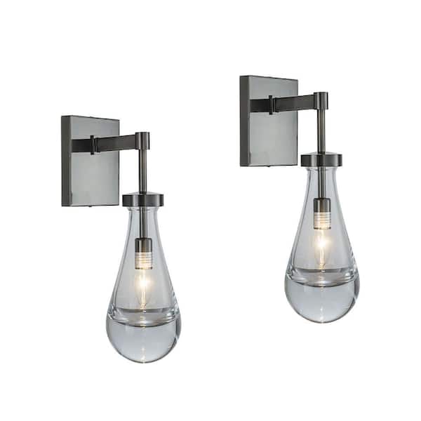 5 in. 1-Light Brush Black Nickel Farmhouse Raindrop Glass Vanity Light Rustic Teardrop Bathrooom Wall Light (2Pack)