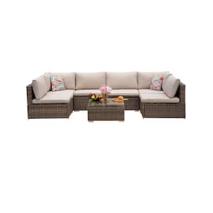 Light Brown 7-Piece Wicker Outdoor Sectional Sofa Set Patio Conversation Set with Beige Cushions and Coffee Table