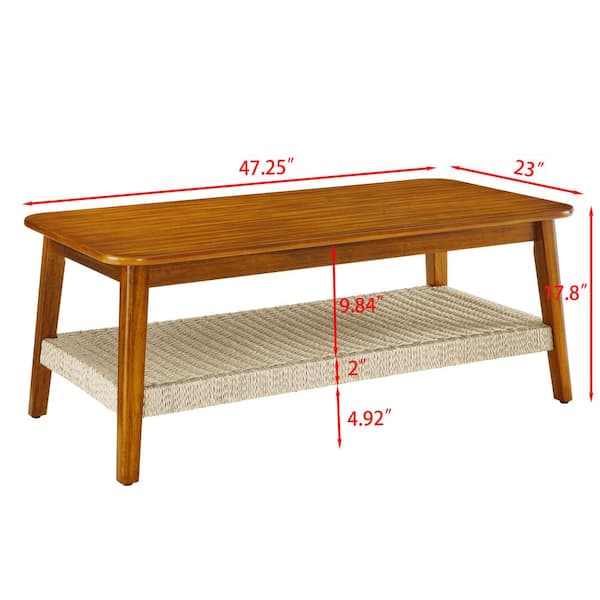 47.25 in. Farmhouse Wood Coffee Table with Woven Shelf, Boho