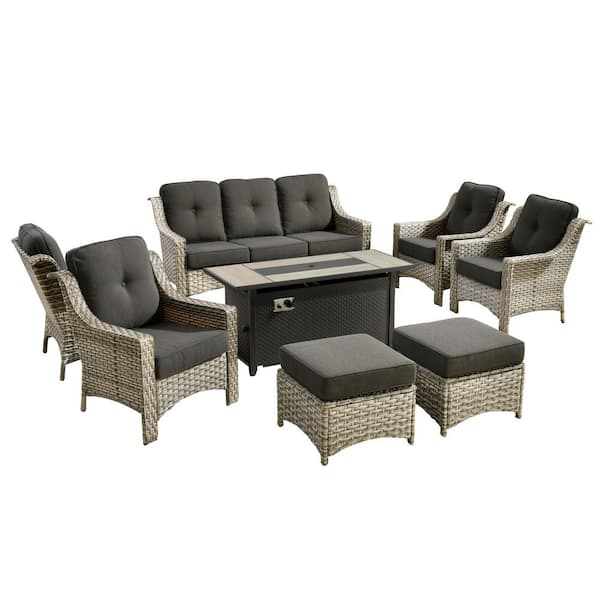 Cherry 8-Piece Wicker Outdoor Fire Pit Furniture Patio Conversation Sofa Seating Set with Black Cushions