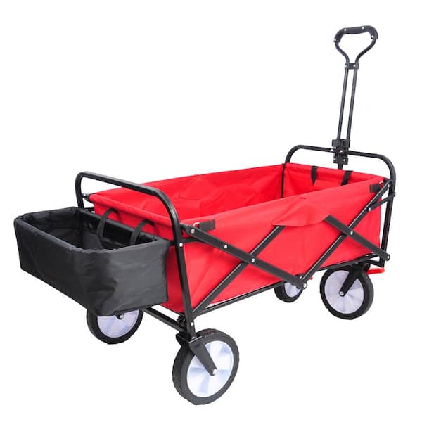 JimsMaison 5.20 cu. ft. Red Steel Folding Garden Cart with Back Frame and Retractable Handle.