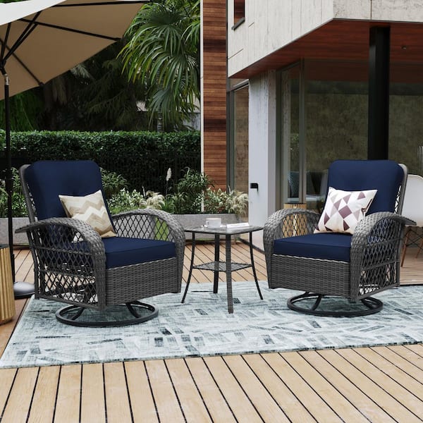UPHA 3-Piece Wicker Patio Outdoor Rocking Chair Swivel Chair with Coffee Side Table and Navy Blue Cushions