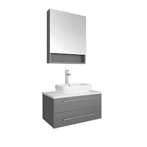 Lucera 30 in. W Wall Hung Vanity in Gray with Quartz Stone Vanity Top in White with White Basin and Medicine Cabinet