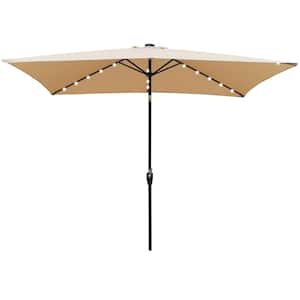 10 ft. Solar Led Powder Coated Aluminum Rectangular Market Outdoor Patio Umbrella with Crank Button Tilt System in Tan