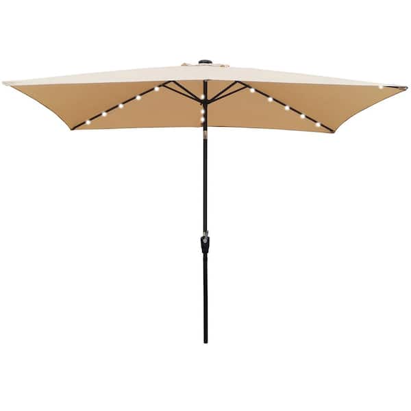 Unbranded 10 ft. Solar Led Powder Coated Aluminum Rectangular Market Outdoor Patio Umbrella with Crank Button Tilt System in Tan