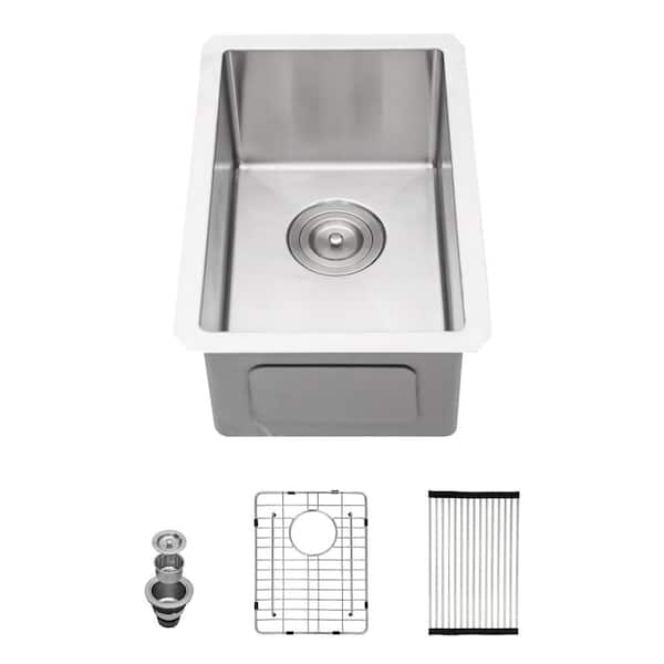 12 in. Undermount Single Bowl 16 Gauge Brushed Nickel Stainless Steel Kitchen Sink with Bottom Grid