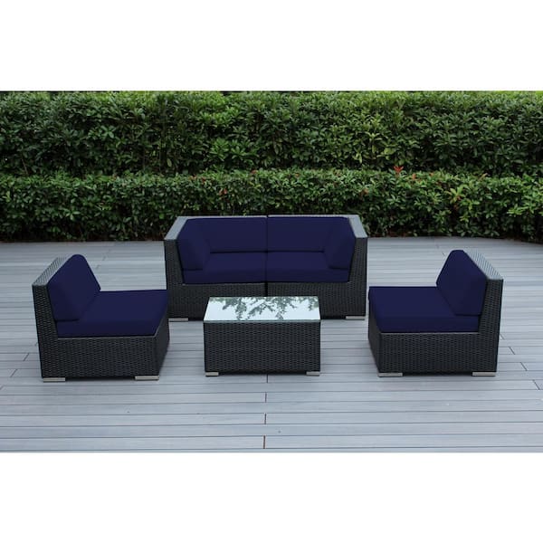 Black 5-Piece Wicker Patio Seating Set with Sunbrella Navy Cushions
