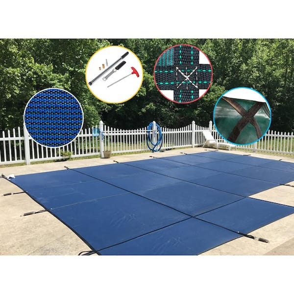 Water Warden 18 ft. x 36 ft. Rectangle Blue Mesh In-Ground Safety Pool Cover for Left End Step, ASTM F1346 Certified