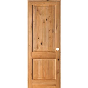 36 in. x 96 in. Knotty Alder 2 Panel Left-Hand Square Top V-Groove Clear Stain Solid Wood Single Prehung Interior Door