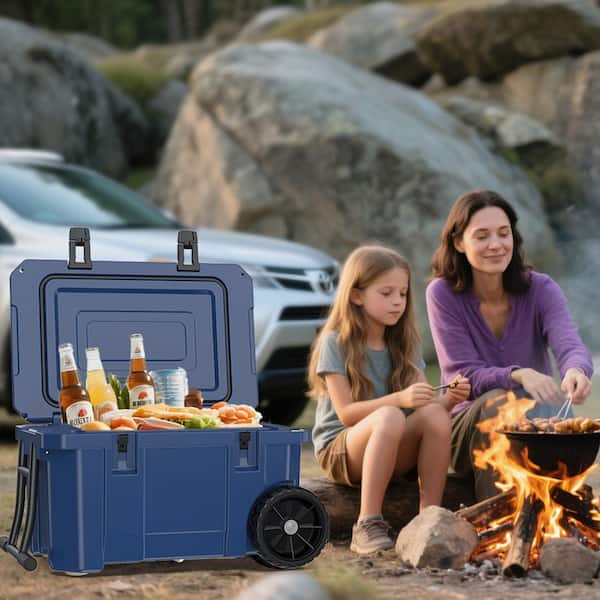 27.in. 55-Quart Cooler with Wheels, Warming Drawer, Leak-Proof Outdoor Insulated Cooler with Handle, Cup Holders, Blue