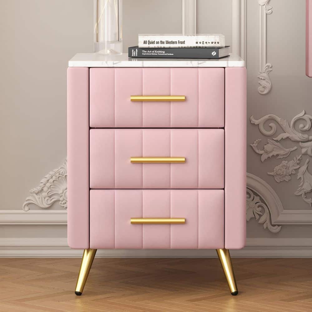 Pink Upholstered Wooden 3 Drawers 16.30 in. W Nightstand with Metal Legs and Handles