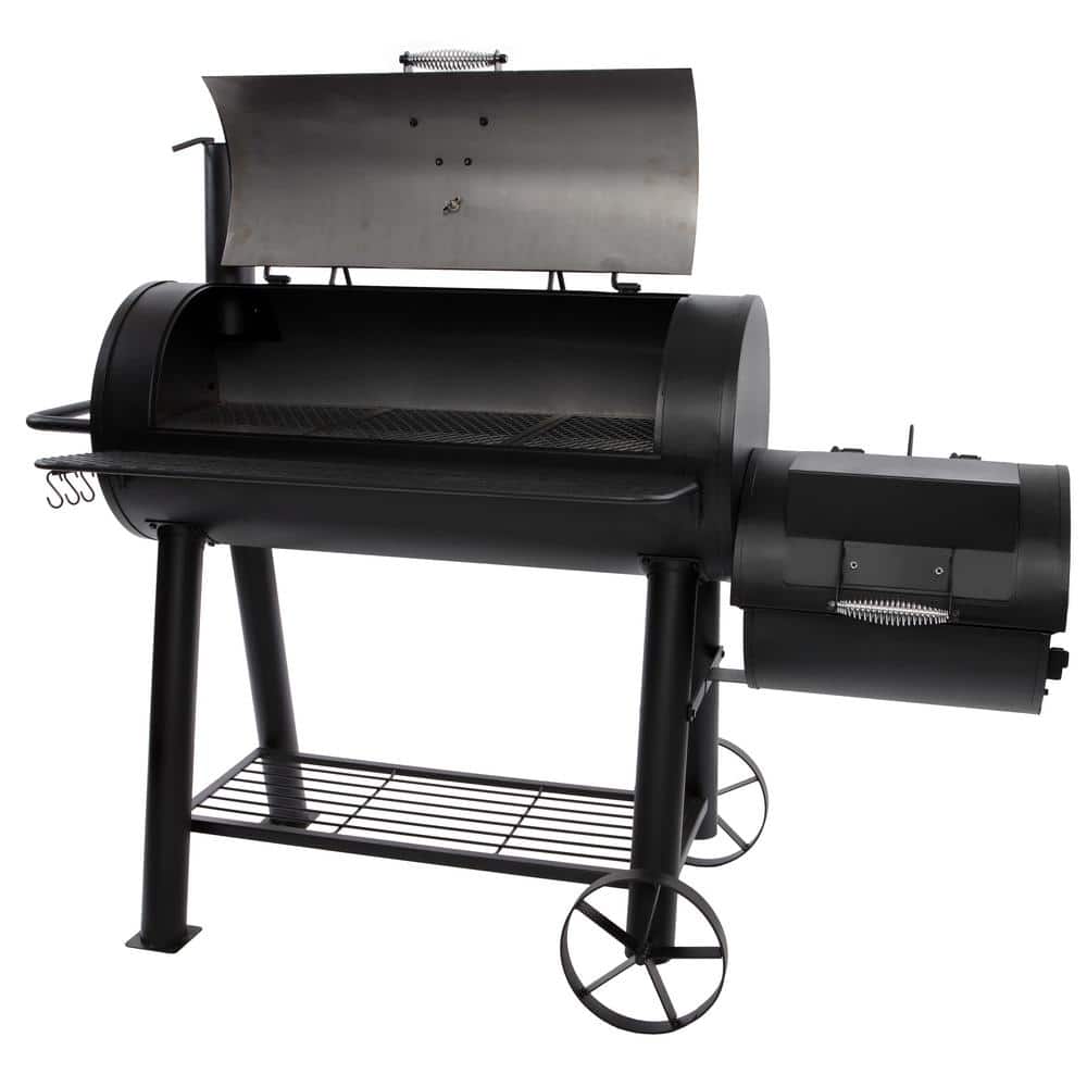 Black Heavy-Duty Steel Barrel Charcoal Grill with Smoker