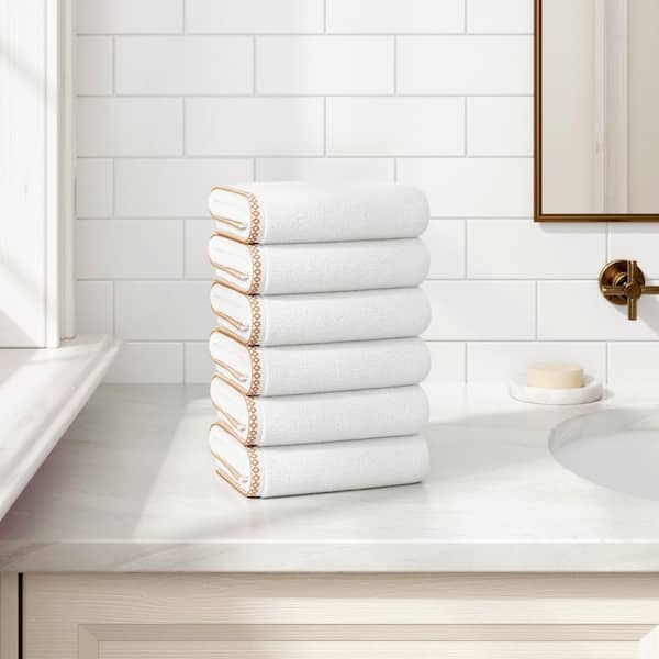 White / Clay Quick-Dry Cotton Boho-Inspired Border 6 Pack Hand Towel Set
