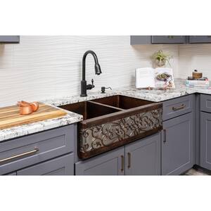 All-in-One Dual Mount Copper 33 in. 50/50 Double Bowl Scroll Kitchen Sink with Faucet in ORB and Nickel