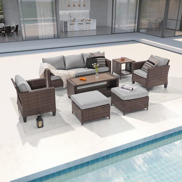 Sonkuki 7-Piece Patio Conversation Set Brown Wicker Outdoor Furniture ...